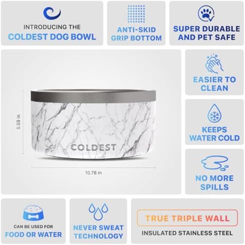 Coldest Dog Bowl - Anti Rust Metal, Non Slip, 3 Layers Insulated Stainless Steel Dog Bowls - Spill Proof & Heavy Duty - Water Bowl for Dogs, Cats & Pets, Dish Washer Safe (200 oz, Carrara Marble)