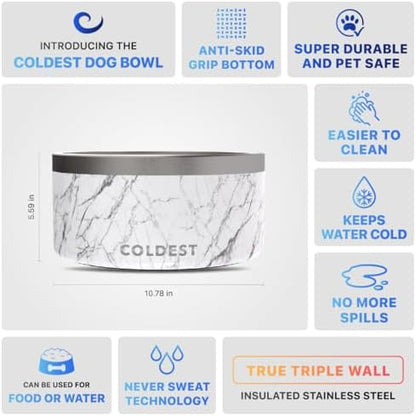 Coldest Dog Bowl - Anti Rust Metal, Non Slip, 3 Layers Insulated Stainless Steel Dog Bowls - Spill Proof & Heavy Duty - Water Bowl for Dogs, Cats & Pets, Dish Washer Safe (200 oz, Carrara Marble)