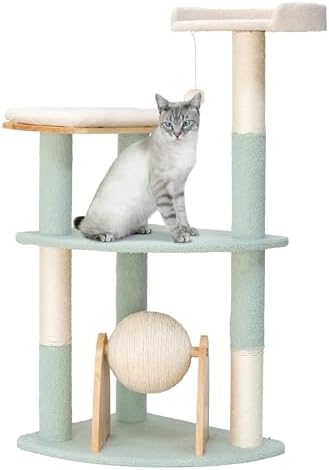 Kitty City Triple Perch Wooden Cat Tower with Scratching Posts & Hanging Toys, Modern Multi-Level Indoor Cat Furniture with Sherpa Beds
