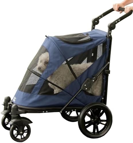 Pet Gear NO-Zip Pet Stroller with Dual Entry, Push Button Zipperless Entry for Single or Multiple Dogs/Cats, Pet Can Easily Walk in/Out, Gel-Filled Tires, Navy, Excursion
