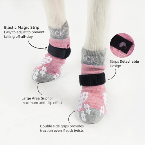 PUPTECK Anti-Slip Dog Socks with Double Sides Grips for Small Medium Large Dogs Hardwood Floors Prevents Licking, Dog Shoes for Hot Pavement Traction Control Paw Protector for Senior Dogs, Pink XXS