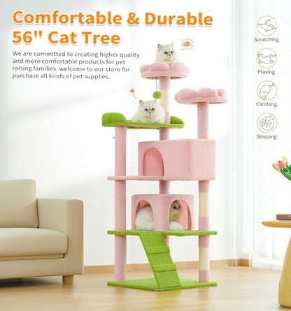 Made4Pets Cat Tree Tower 56" Cat Tower for Indoor Cats Kitten Tree Multi-Level Cat Tree with 2 Condo Furniture Activity Center with Scratching Posts Funny Toys (Pink Flower Green)