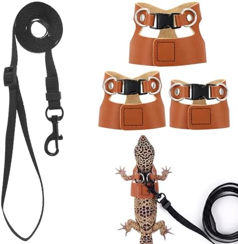 3 Pack Bearded Dragon Leash and Harness Set 3 Size Adjustable Lizard Harness Bearded Dragon Outfits for Reptile Small Animals Training Walking, Easy to Put on and Take Off (Brown)