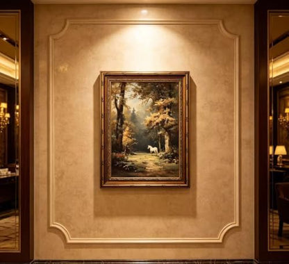 Vintage Gold Framed Horse Wall Art, Magical Forest Landscape Oil Painting Canvas Print, Moody Animal Wall Decor, Fantasy Woodland Picture Poster, Rustic Farmhouse Artwork for Bedroom Living Room
