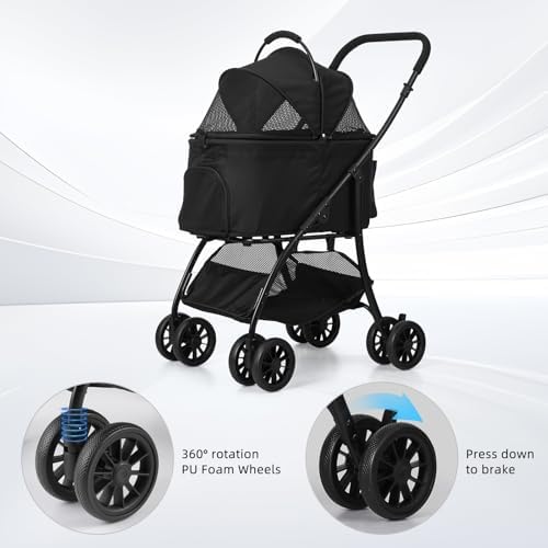 Pet Stroller Quickly Folds for Easy Storage Cat Stroller with Detachable Carrier Thickened Oxford Cloth Breathable Basket Dog Strollers for Small Dogs (Grey)