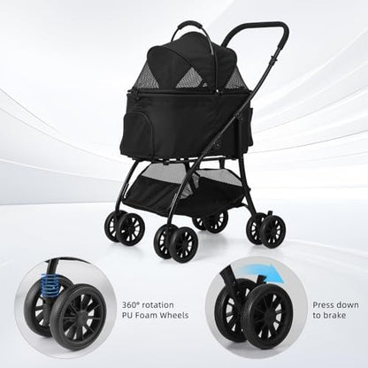 Pet Stroller Quickly Folds for Easy Storage Cat Stroller with Detachable Carrier Thickened Oxford Cloth Breathable Basket Dog Strollers for Small Dogs (Grey)