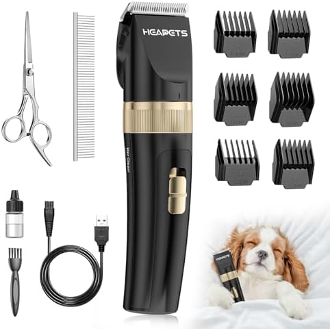 HEAPETS Dog Clippers for Grooming, Low Noise, Electric Quiet, Adjustable Clipper Comb, Rechargeable Cordless Dog Hair Clippers for Dogs Cats Pets, Black