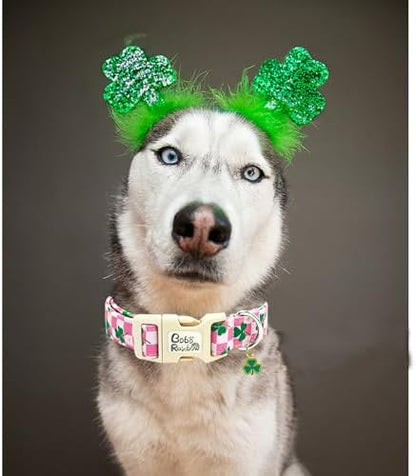 St Patrick's Pink Plaid Trefoil Dog Collar for Large Dogs