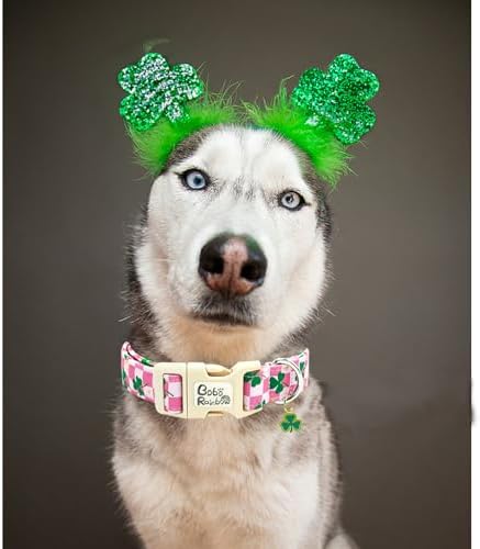 St Patrick's Pink Plaid Trefoil Dog Collar for Medium Dogs