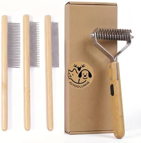 Cat Undercoat Rake and Dematting Comb, 4-in-1 Bamboo Grooming Kit for Long Haired Indoor Cats, Detangling Deshedding Brush for Matted Fur, Shedding Tool for Dogs