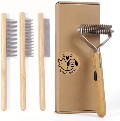 Cat Undercoat Rake and Dematting Comb, 4-in-1 Bamboo Grooming Kit for Long Haired Indoor Cats, Detangling Deshedding Brush for Matted Fur, Shedding Tool for Dogs