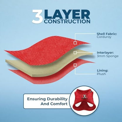 Best Pet Supplies - All Weather Mesh/Plush, Reflective, No Pull Harness for Small, Medium Dogs, Cats - Secure with Hook & Loop Fastener, Buckle, Double D-Rings - Red Corduroy, S