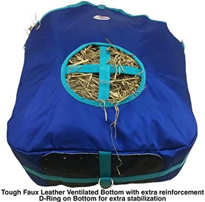 Majestic Ally Nylon Hay Feeder Tote Bag for Horse, Goat, Sheep - Double Sides Open Feed Hole with Faux Leather Ventilated Bottom- Premium Quality -Simulates Grazing - Reduces Waste (Royal Blue)