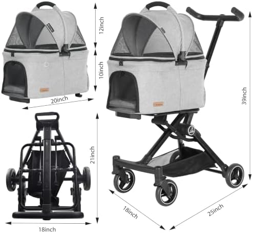 ROODO 2026 Upgraded Version 3 in 1 Dog Cat Stroller with Detachable Carrier Lightweight Folding Portable All Terrain Pet Travel System Puppy Kitty Doggie Bunny Stroller for 30lbs(Light Grey)