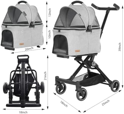 ROODO 2026 Upgraded Version 3 in 1 Dog Cat Stroller with Detachable Carrier Lightweight Folding Portable All Terrain Pet Travel System Puppy Kitty Doggie Bunny Stroller for 30lbs(Light Grey)
