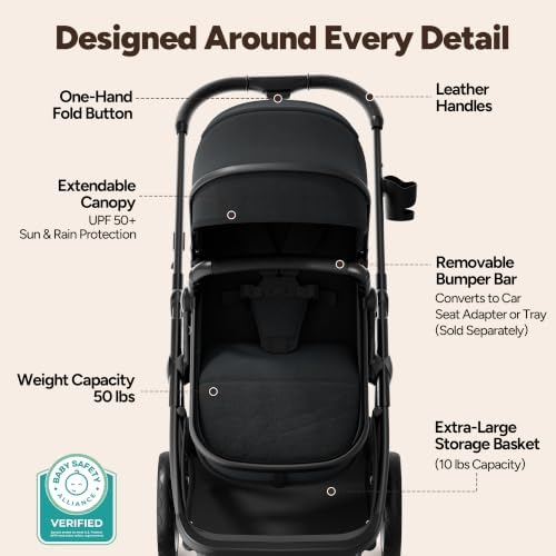 Mompush Wiz 2-in-1 Bassinet Stroller Reversible Seat, One-Hand Fold, Black