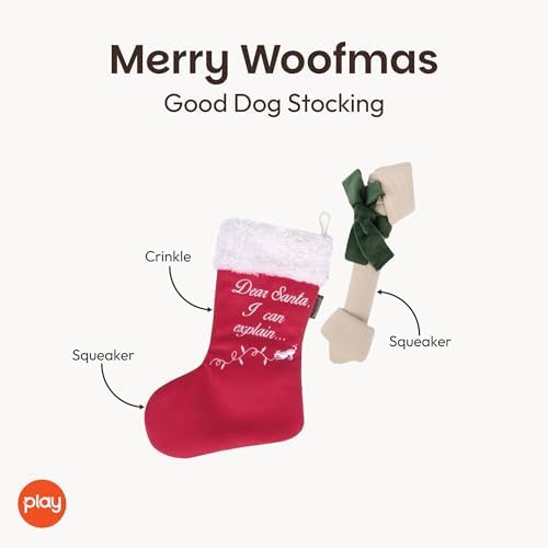 P.L.A.Y. Cute Plush Dog Toys - Merry Woofmas Christmas Themed Durable Squeaker Chew Toy, Great for Puppies & Small, Medium, Large Dog Breeds - Machine Washable, Recycled Materials (Good Dog Stocking)