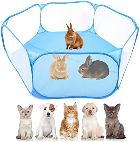Guinea Pig Playpen Rabbit Cage Breathable & Transparent Small Animal Cage, Pop Open Outdoor/Indoor Exercise Fence, Portable Yard Fence for Guinea Pig Rabbit Hamster Chinchilla (Blue)