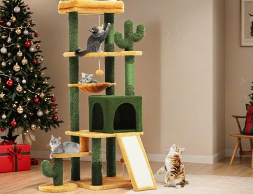 YITAHOME 60in Cactus Cat Tree: Multi-Level Tall Kitty Tower Indoor, Large Kitten Condo with Plush Platform, Hammock, Scratching Posts, and Dangling Balls for 2-3 Cats