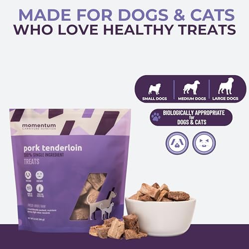 Momentum Carnivore Nutrition Freeze-Dried Pork Tenderloin Dog Treats & Cat Treats – Single-Ingredient, High-Protein, Grain-Free, Lean & Naturally Tender – Made in USA – 3.5 oz Bag