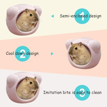 Ceramic Hamster House, Cute Animal Shaped Hamster Cave, Summer Cool Small Animal Hideout Habitat Decor for Dwarf Hamsters (Pink)