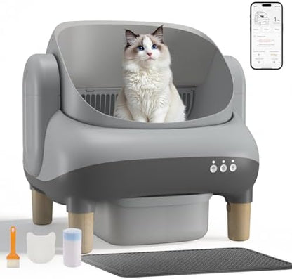 GTPLAYER Self Cleaning Litter Box, Open Top Cat Automatic Litter Box - APP Control and Weight Monitoring, Safety Sensors Protection, Ultra-Quiet, Odor Control, Includes Trash Bag& Scrub Brush, Gray