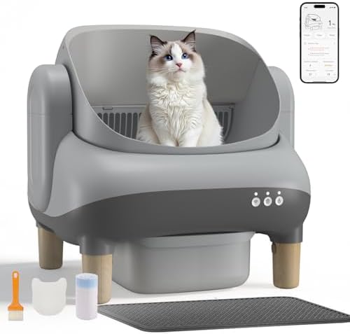 GTPLAYER Self Cleaning Litter Box, Open Top Cat Automatic Litter Box - APP Control and Weight Monitoring, Safety Sensors Protection, Ultra-Quiet, Odor Control, Includes Trash Bag& Scrub Brush, Gray