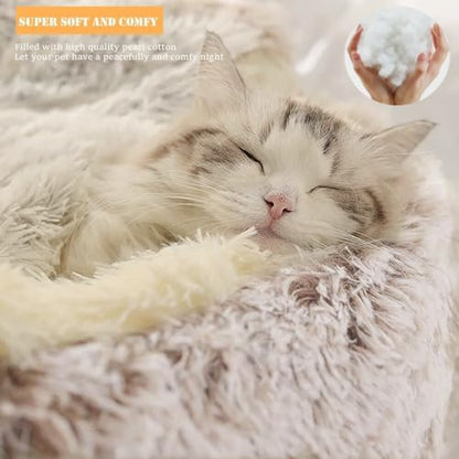 ZaneSun Calming Round Dog Bed & Cat Cave with Hooded Cover, Plush Fluffy Anti-Anxiety Cat Bed, Waterproof Bottom Washable (Coffee, 20x20inch)