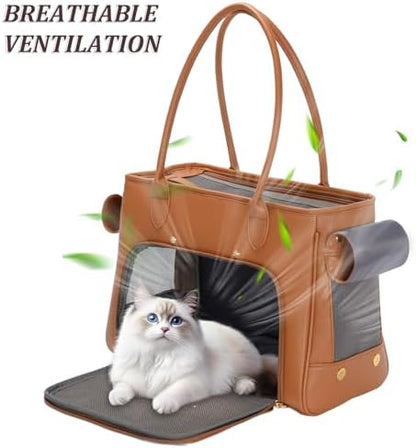 Fashion Pet Carrier Purse for Small Cat and Dog, Luxury Pu Soft-Sided Tote Bag with Large Pockets for Dogs and Puppies (Brown, 15.8" L x 7.5" W x 11.8" H)