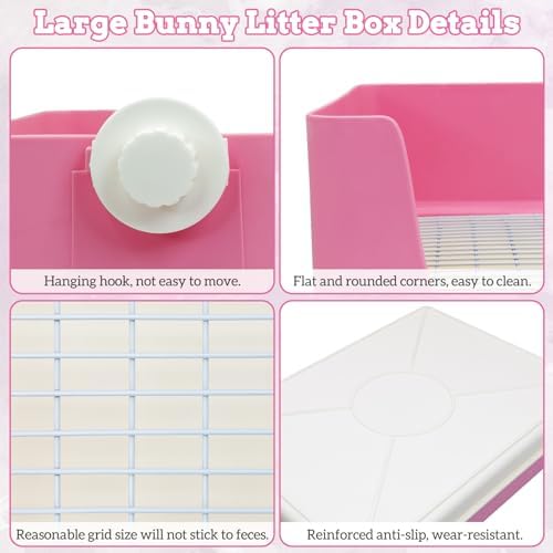 Fhiny Large Rabbit Litter Box for Cage, Plastic Guinea Pig Litter Pan with 6 PCS Disposable Pee Pads Potty Trainer Corner Toilet Box for Bunny Guinea Pigs Ferrets Chinchillas Small Animals (Pink)