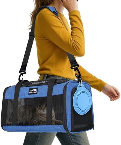 Pet Carrier Airline Approved, Soft Sided Cat Carrier for Small Pets up to 13 lbs, TSA Approved Dog Travel Bag, Portable Soft Sided Pet Carrier for Kittens and Puppies (Blue, Folding Bowl)
