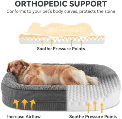 JOEJOY Orthopedic Dog Beds Large Sized Dog, XL Egg-Crate Memory Foam Pet Couch Bed with Bolster Sides, Waterproof Lining, Removable Washable Cover & Non-Slip Bottom, Grey