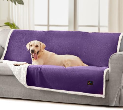 Luciphia Waterproof Bed Blanket Washable,Soft Sherpa Fleece Puppy Reversible Throw Blankets for Medium Large Dog Cat,Furniture Cover Protector Couch from Liquid Pee and Pet Fur,Purple White,65" x 57"