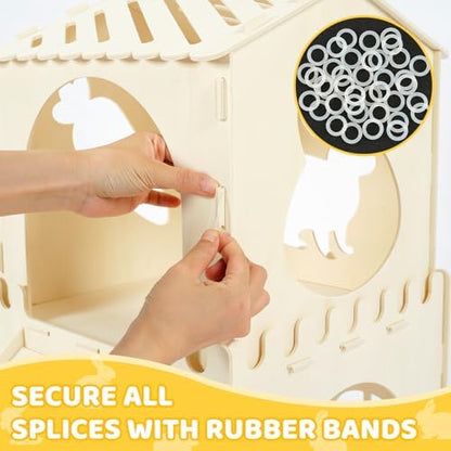 Extra Large Rabbit Hideout, Wooden Bunny Castle with Tunnel and Stair, Rabbit House Tower with Hay Feeder Sturdy Habitat for Guinea Pig Chinchilla Ferret Hamster