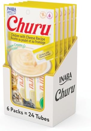 INABA Churu Cat Treats, Lickable, Squeezable Creamy Purée Cat Treat with Green Tea Extract & Taurine, 0.5 Ounces Each Tube, 24 Tubes (4 per Pack), Chicken with Cheese Recipe