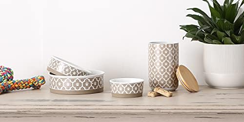 Bone Dry Lattice Collection Pet Bowl & Canister, Large Set, 7.5x2.4 inches, Stone, 2 Piece