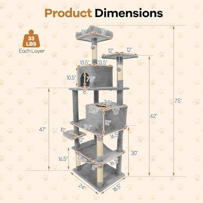 DORTALA 75" Tall Modern Cat Tree, Multi-Level Cat Tower with Large Condos, Sisal Scratching Posts, Top Perch, Hammock, Dangling Balls, Kitten Beds & Climbing Furniture for Indoor Cats (Light Grey)