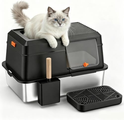 Extra Large Enclosed Stainless Steel Litter Box with Lid，Side Entry Top Exit High Sided Metal Cat Litter Pan，Non-Stick Easy Cleaning Anti-Urine Leakage for Big Cats，Includes Scoop & Step, Black