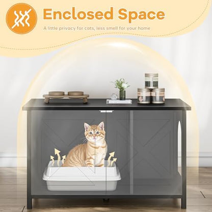 Shintenchi Cat Litter Box Enclosure, Litter Box Furniture Cabinet Hidden with Removable Divider, Wooden Cat House with End Table, Black, 31.5 inch