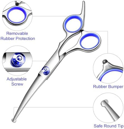 Dog Grooming Scissors Kit, Premium Stainless Steel Dog Shears with Curved Shears, Sharp Durable for Dogs Cats+Blue 3 Piece