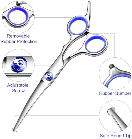Dog Grooming Scissors Kit, Premium Stainless Steel Dog Shears with Curved Shears, Sharp Durable for Dogs Cats+Blue 3 Piece