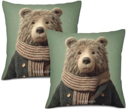 InkRain Winter Animal Cute Bear Pillow Cover 20x20 Inch Set of 2 Home Decor Decorative Cotton Linen Illustration Pillowcases for Living Room House Sofa