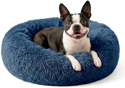Calming Dog Bed for Medium Dogs Washable Donut 30 inches Anti-Slip Pet Bed,Round Fluffy Plush Faux Fur Cat Bed,Fits up to 45 lbs Pets,Navy Blue
