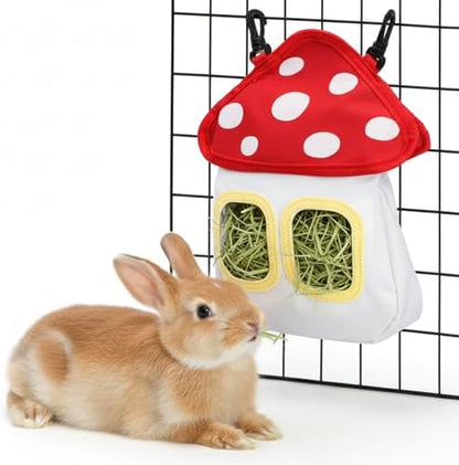 Eorbow Bunny Hay Feeder Bag, Cute Mushroom Hanging Hay Holder, Durable Hay Dispenser with 600D Oxford Fabric for Guinea Pigs Chinchillas Hamster, Small Animal Cage Accessories
