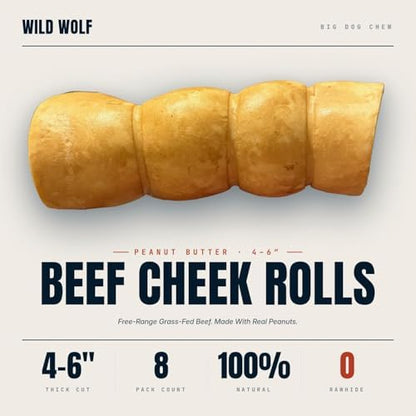 Wild Wolf 4-6" Peanut Butter Beef Collagen Cheek Rolls for Dogs (8 Pack) - 100% Natural Big Dog Chew - No Rawhide - Free-Range Grass-Fed, Packed with Protein - for Aggressive Chewers
