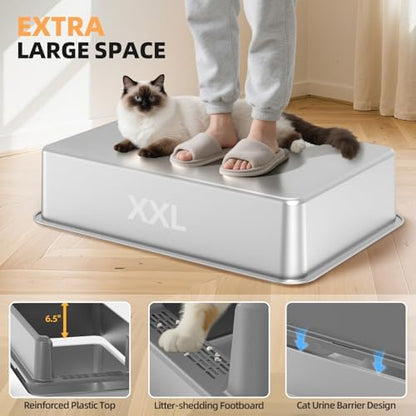 Stainless Steel Cat Litter Box, XXL High Sided Open Top Litter Pan, 1 Scoop