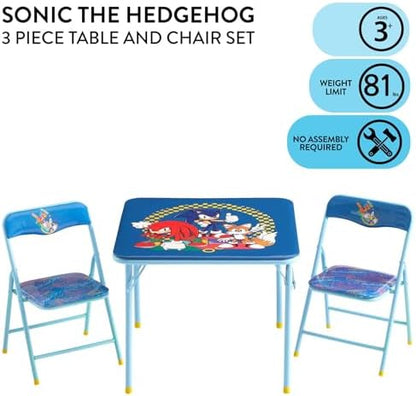 Sega Sonic The Hedgehog Kids Table and Chair Set, 3-Piece Square Table with 2 Folding Chairs for Playroom & Activities