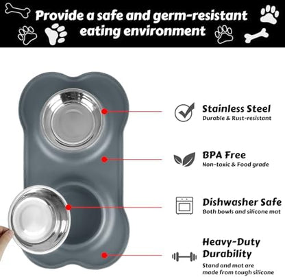 AsFrost Dog Food Bowls Stainless Steel Dog Food & Water Bowl Set with No Spill No Slip Silicone Mat, Dog Dishes for Small Medium Size Dogs Pet Cat Puppy Food Feeding Bowls, Grey, 24oz, 3 Cup