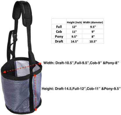 Majestic Ally Horse Feed Bag, Heavy Duty Nylon Mesh Grain Feed Bag, Adjustable Strap with Durable Snap and Elastic Straps, Comfort Neck Pad and Nose Pad- Large (Pony, Beige)