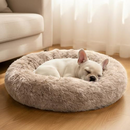Comfort Donut Dog Bed for Small Dogs, Cat Bed & Pet Bed for Indoor Use, Medium Size with Soft Plush, Round Dog Beds for Large Dogs and Cats (Khaki, 20''Lx20''Wx8''Th)